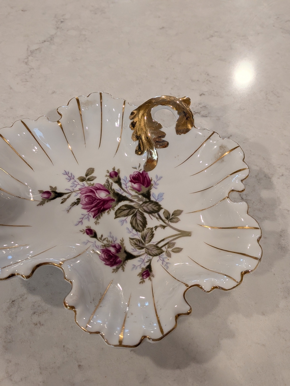 Vintage Floral Porcelain Dish with Gold Accents 8" x 7"